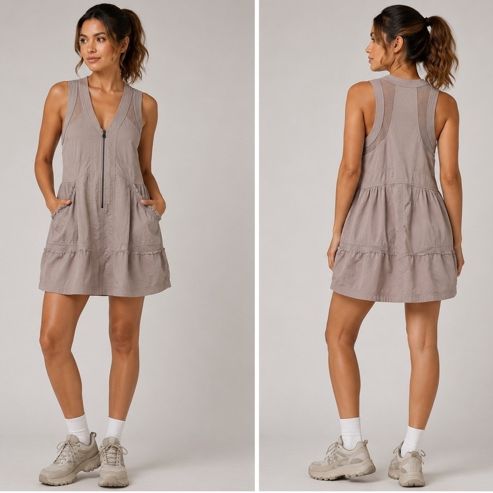 Daily Practice by Anthropologie Trek Utility Mini Dress Medium Taupe Mesh Zip